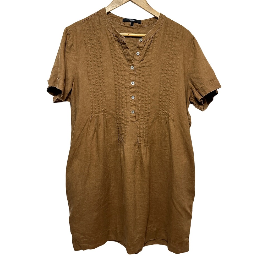 Quince Linen Shift Dress Women Large Brown Pintuck Pockets Sustainable Summer
